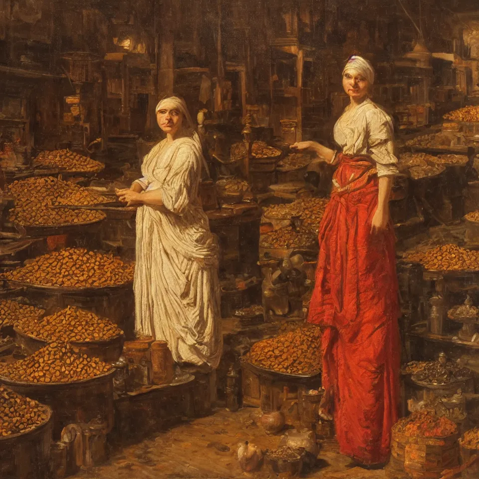 Image similar to young woman standing in a spice market at night byjohann mongels culverhouse, oil on canvas, masterful intricate artwork, excellent lighting, high detail 8 k