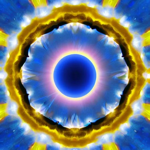 Image similar to multicolor open wings, a yellow eight-pointed-star in the center, an open eye in its center, space in the background, digital art