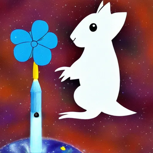 Image similar to A white squirrel on a rocket ship in space and with a blue flower in his paw