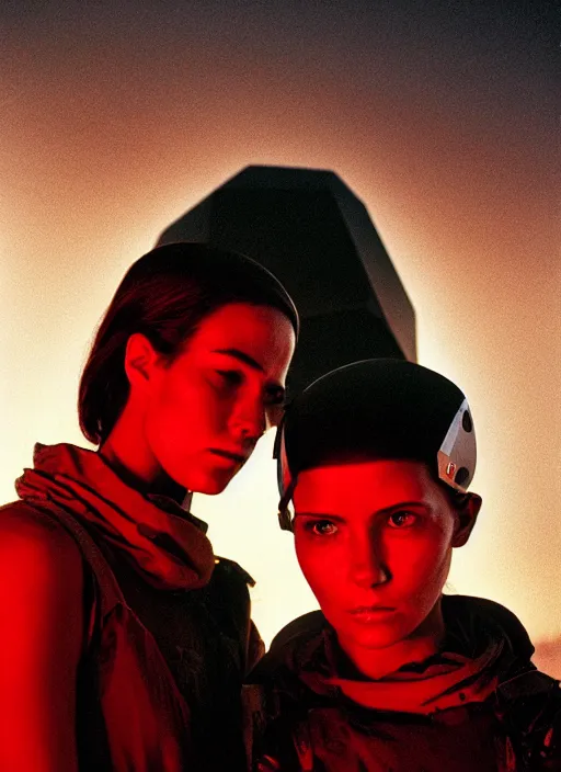 Image similar to cinestill 5 0 d photographic portrait by steve mccurry of two loving female androids wearing rugged black mesh techwear in a brutalist compound with a red sky, extreme closeup, cyberpunk style, dust storm, 8 k, hd, high resolution, 3 5 mm, f / 3 2, ultra realistic faces, ex machina