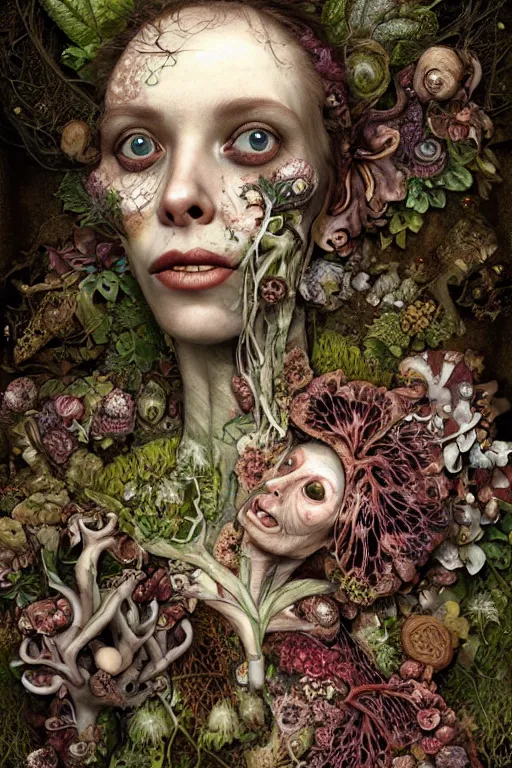 Image similar to beautiful and detailed rotten woman corpse with fractal plants and fractal flowers and mushrooms growing around, face muscles, veins, arteries, intricate, ornate, surreal, ray caesar, john constable, guy denning, dan hillier