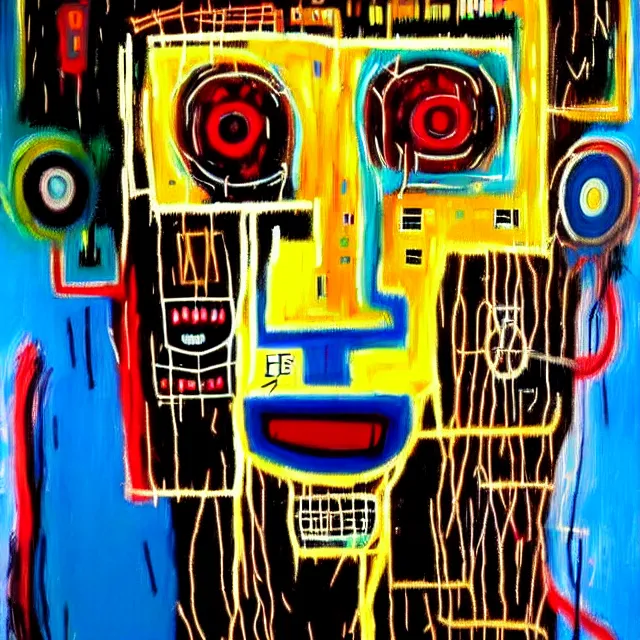 Image similar to a beautiful painting cyberpunk robot jean michel basquiat face, by salvador dali realistic oil painting