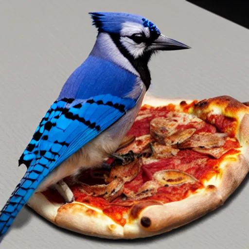 Prompt: bluejay eating pizza