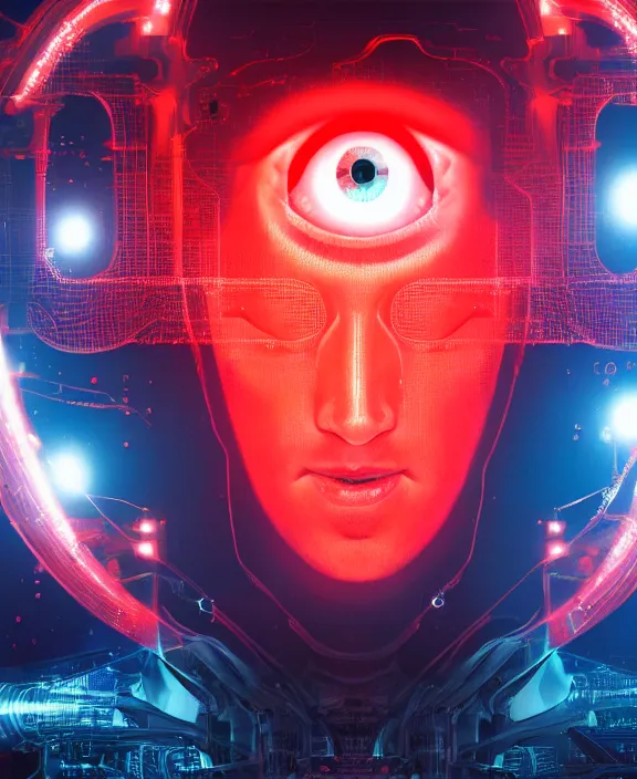 Image similar to Mark Zuckerberg with a glowing red cybernetic eye implant by Steohan Martiniere and Peter Mohrbacher, 4k resolution, detailed