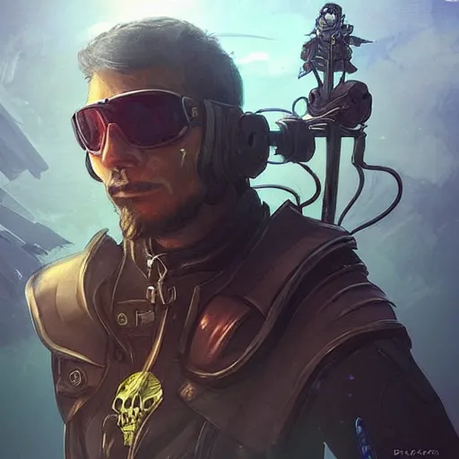 Image similar to “A portrait of a space pirate with his ship in the background, D&D sci-fi, artstation, concept art, highly detailed illustration.”