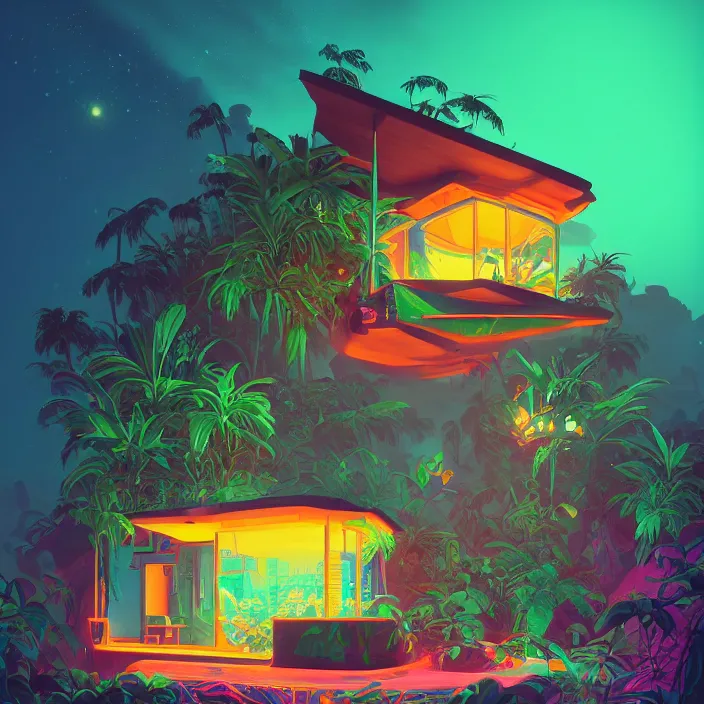 Image similar to a bioluminescent neon tropical cottage by paolo eleuteri serpieri and tomer hanuka and chesley bonestell and daniel merriam and tomokazu matsuyama, unreal engine, high resolution render, featured on artstation, octane, 8 k, highly intricate details, vivid colors, vector illustration