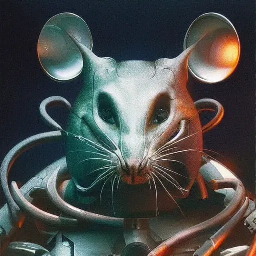 Prompt: “a rat homunculus sat inside the head of a robot and controlling it with levers and joysticks by ruan jia”