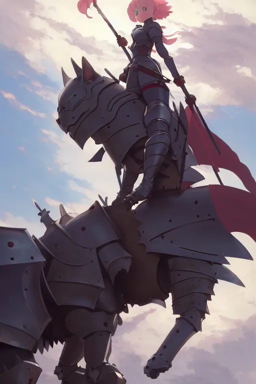 Prompt: a full body of the female knight riding a heavy armored giant cat, finely detailed features, closeup at the faces, perfect art, gapmoe yandere grimdark, trending on pixiv fanbox, painted by greg rutkowski makoto shinkai takashi takeuchi studio ghibli, akihiko yoshida