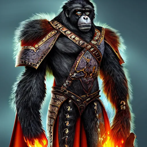 Prompt: fury art, an anthro ape wearing a large cape and a fantasy armor, fiery background, 3 d, 8 k, extremely detailed, trending on furaffinity, trending on artstation, award winning, sharp focus, illustration