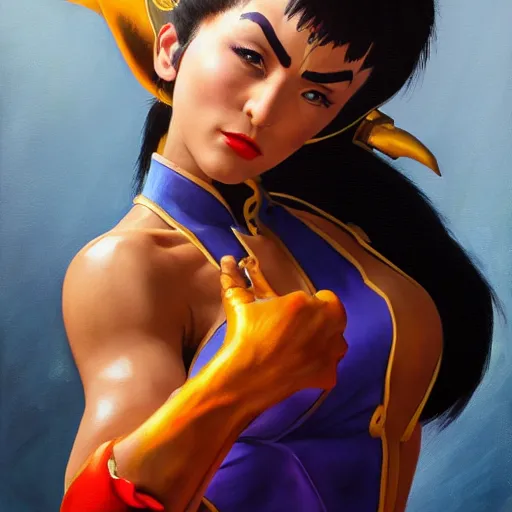 Image similar to ultra realistic janice litman - goralnik as chun li from street fighter, portrait painting by frank frazetta, 4 k, ultra realistic, highly detailed,