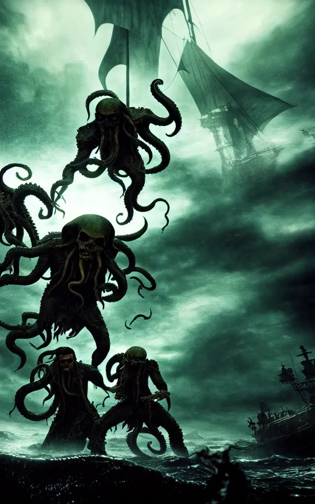Image similar to pirates fighting cthulhu, cinematic atmosphere, maximized, high detail, 8k, ornate, dark fantasy, masterpiece, complex, film still from the movie directed by Denis Villeneuve