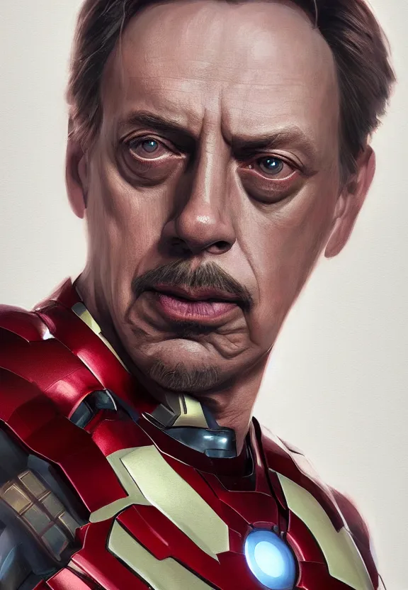 Prompt: steve buscemi as iron man portrait, highly detailed, by krenz cushart, octane render, artstation trending