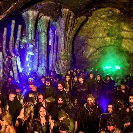 Image similar to crowded nightclub in the mines of moria, huge stone pillars, lights, goths and cyberpunks