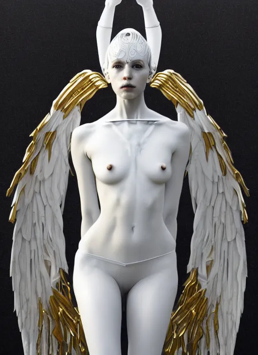 Image similar to a statue made of white marble with gold veins, of an beautiful gorgeous futuristic cybernetic angel girl, prostheses, transhumanism, full body shot, perfect symmetrical body, perfect symmetrical face, hyper realistic, hyper detailed, by johannen voss, by peter kemp, by monia merlo, by michelangelo, octane render, blender, 8 k