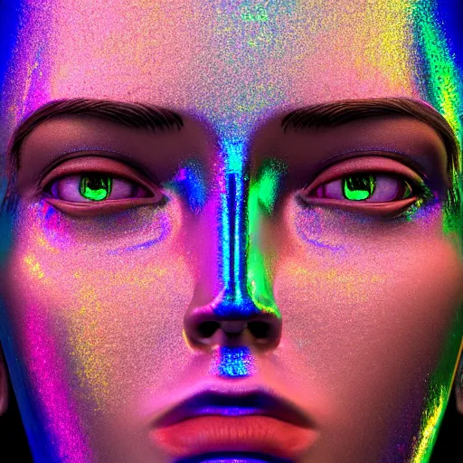 Image similar to 3d render of holographic human robotic head made of glossy iridescent, surrealistic 3d illustration of a human face non-binary, non binary model, 3d model human, cryengine, made of holographic texture, holographic material, holographic rainbow, concept of cyborg and artificial intelligence