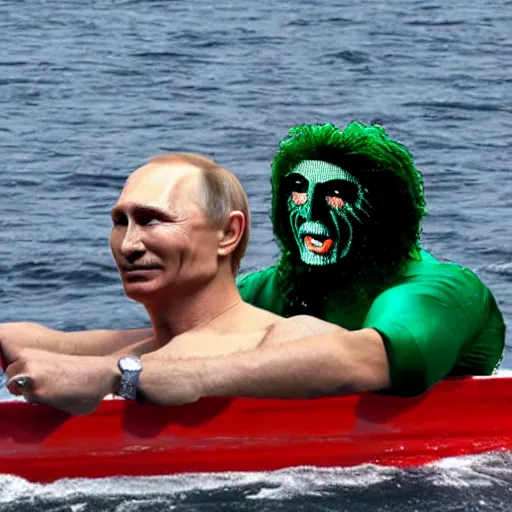 Image similar to putin as old gregg with a mangina, on a boat on a lake