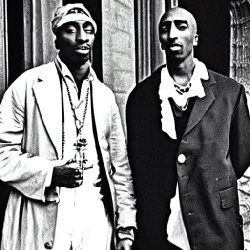 Prompt: a photo of sir isaac newton and tupac shakur as good friends