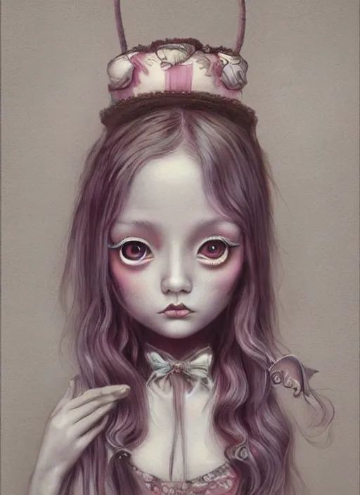 Prompt: pop surrealism, lowbrow art, realistic cute alice girl painting, japanese street fashion, hyper realism, muted colours, rococo, lori earley style,