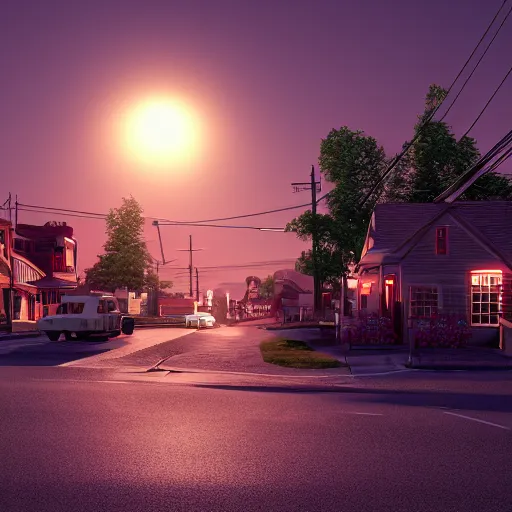 Prompt: backlit new england town in the 1 9 6 0 s beautiful octane render, 8 k detail