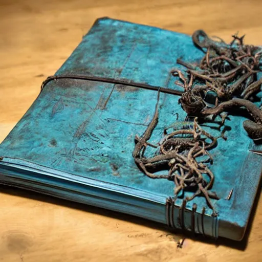 Image similar to a ancient rustic blue leather bound tome, standing open on a wooden stump in a jungle, pages showing their age, cryptic words and drawings visible, vines growing around, mystical lighting, fog, slight glow coming from inside the book