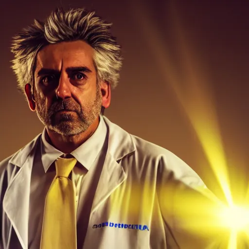 Image similar to portrait of rick sanchez, lab coat and tee shirt, lens flare, atmosphere, glow, detailed, intricate, full of colour, cinematic lighting, 4 k, hyperrealistic, focused, extreme details, cinematic, masterpiece