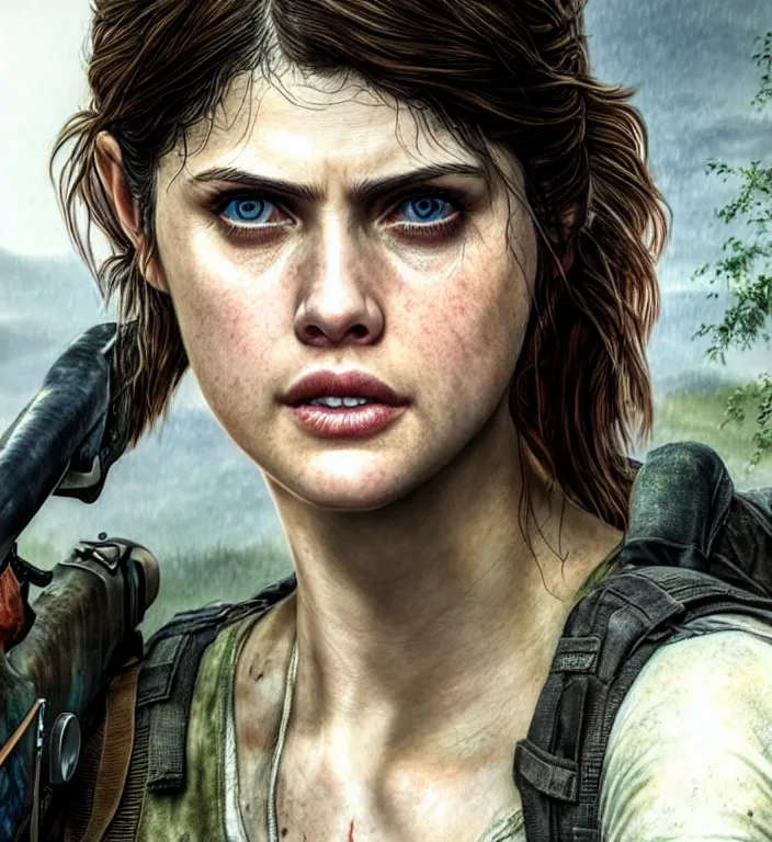 Prompt: alexandra daddario as ellie from last of us 2, josh holloway as joel from last of us 2, realistic, sharp focus, hdr, 8 k, high definition, insanely detailed, intricate, elegant, art by stanley lau and artgerm, luis royo, greg kutkowski