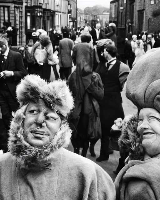 Image similar to Award winning reportage photo of Welsh Natives wearing traditional garb by Garry Winogrand and Dian Arbus, 85mm ND 5, perfect lighting, gelatin silver process