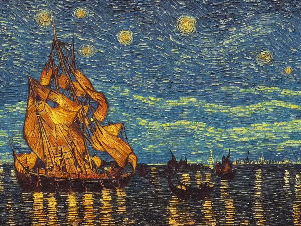 Prompt: oil painting of a viking longship invading new york harbor at night, light scatter, van gogh