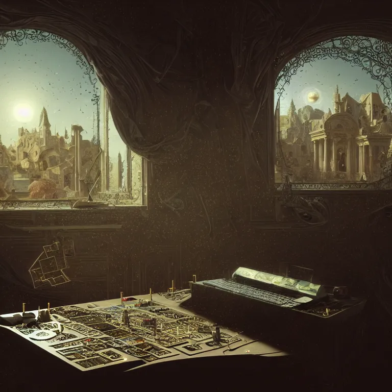 Image similar to motherboard, chip circuit, computer, dream - like atmosphere, baroque landscape painting, perfect composition, beautiful detailed intricate insanely detailed octane render trending on artstation, 8 k artistic photography, photorealistic, soft natural volumetric cinematic perfect light, chiaroscuro, award - winning photograph, masterpiece, raphael, caravaggio, greg rutkowski, beeple