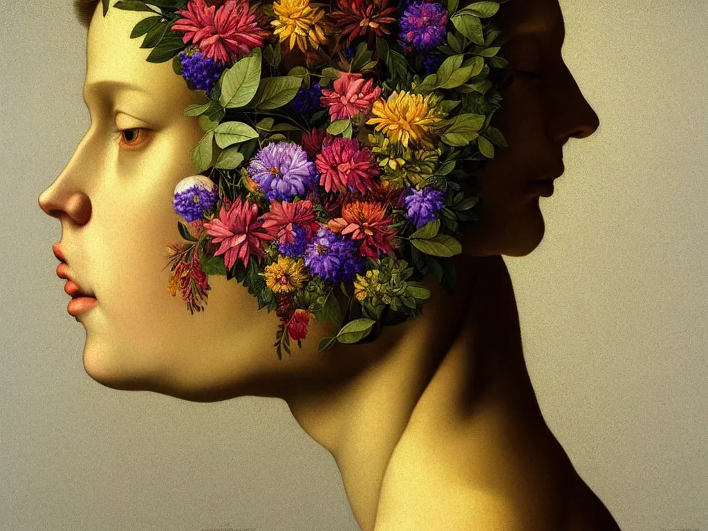 Prompt: hyperrealistic still life portraita womans face in profile, made of flowers and leaves, sacred geometry, light refracting through prisms in a tesseract, by caravaggio, botanical print, surrealism, vivid colors, serene, golden ratio, rule of thirds, negative space, minimalist composition