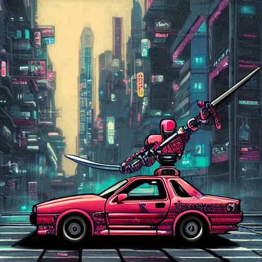 Image similar to beautiful hyper-detailed artwork of a robot ninja warrior with a sword, driving through the city, in a modified Nissan skyline r34, cyberpunk, lo-fi