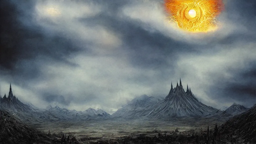 Image similar to morder, flaming eye of sauron in the dark clouds above. by alan lee, intricate, lord of the rings calendar, smooth, detailed terrain, oil painting, trending artstation, concept art, matte painting