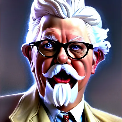 Image similar to epic portrait single colonel sanders explaining, redneck crowd for background, detailed, digital painting, artstation, concept art, donato giancola, joseph christian leyendecker, wlop, boris vallejo, breathtaking, high details, extremely detailed, beautiful, establishing shot, artistic, hyperrealistic, octane render