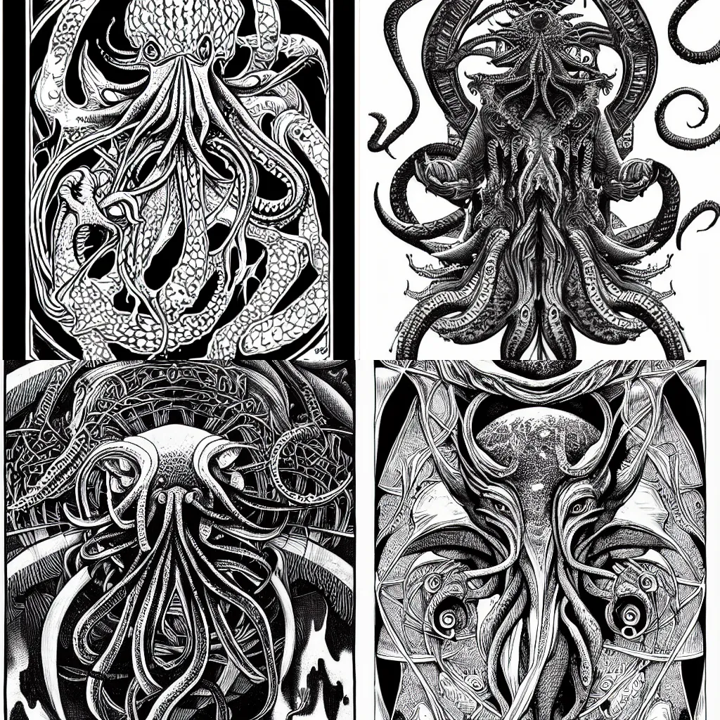 Prompt: abstract illustration of cthulhu by joe fenton and escher, black and white, line art, very detailed