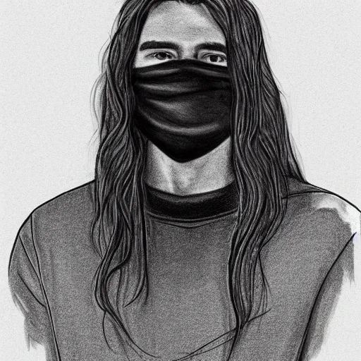 Image similar to professional pencil sketch of a young adult man with slightly long hair wearing a black face mask and an oversized dark sweatshirt and dark sweatpants, high quality, HD, 8K, highly detailed, award-winning