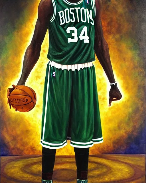 Image similar to portrait of boston celtics kevin garnett as a wizard at hogwarts, full body, mystical, magic, wizard, oil on canvas by william sidney mount, award winning