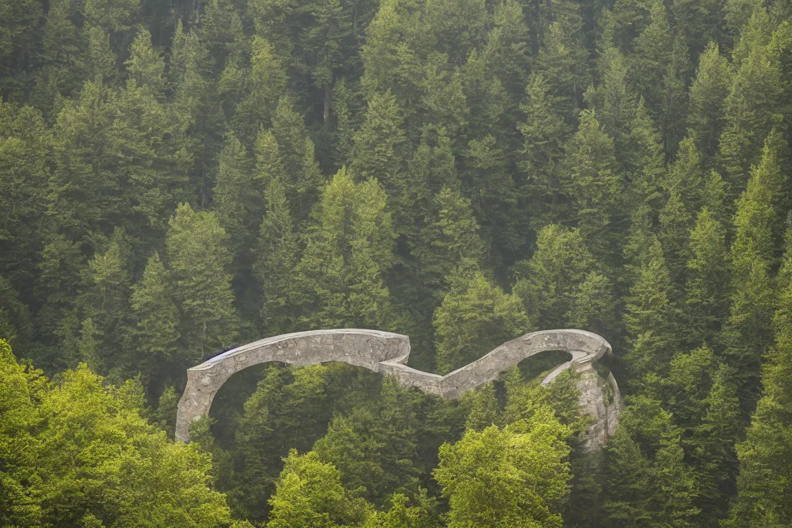 Image similar to Ellipse-shaped building with rounded windows, built on a large cliff near a coniferous forest. A thin stone bridge goes over the cliff. View from afar, fog, 8k, 16k, architecture photo, high details