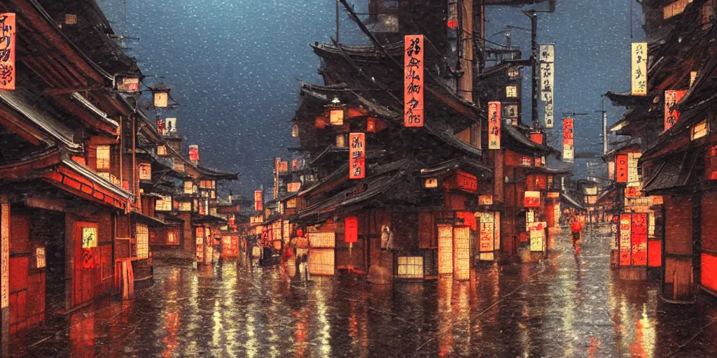 Image similar to feudal japan tokyo street at dusk, raining, detailed reflections, on a postcard, cinematic lighting!!, 4k, trending on artstation, detailed watercolour, rule of thirds, center focus, art by albert bierstadt