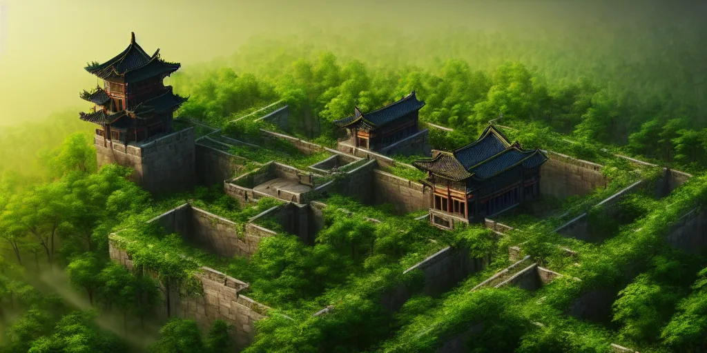 Image similar to giant ancient chinese castle in an forest with some ivy plants on the walls, cinematic, epic, dramatic lighting from above, dark, vines, fantasy, dust, unreal engine, octane, highly detailed, concept art, dark, super realistic