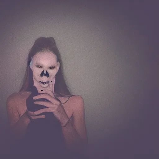 Image similar to a selfie of a woman in a dark room, with a spooky filter applied, in a halloween style.