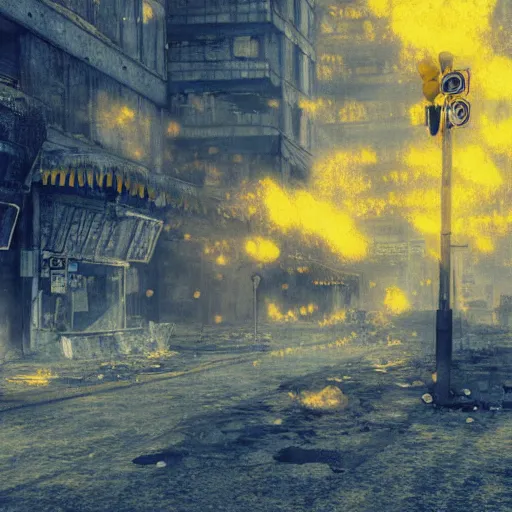 Image similar to post apocalyptic city, crying girl covered in yellow and blue smoke, by akihiko yoshida