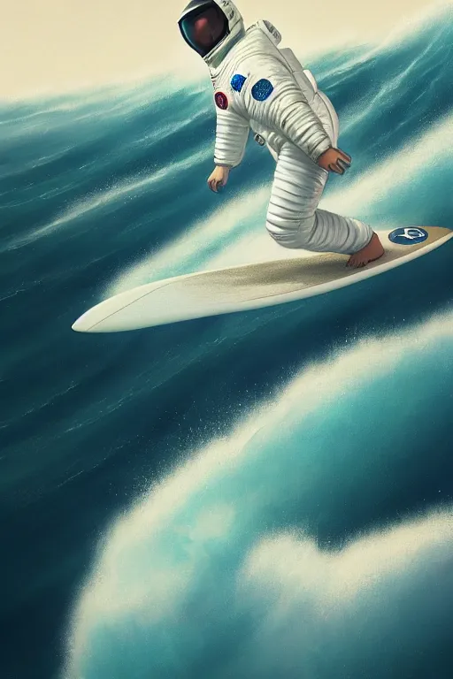 Image similar to a beautiful digital painting of an astronaut in a white space suit surfing the great wave on a surfboard by greg rutkowski, photorealistic, trending on artstation, octane render