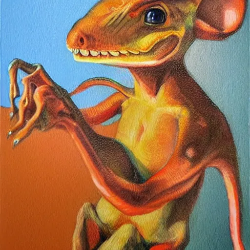 Image similar to dino mouse, epic pose, fine painting