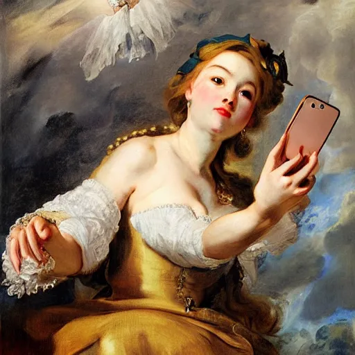 Image similar to heavenly summer sharp land sphere scallop well dressed lady taking a selfie with her iphone auslese, by peter paul rubens and eugene delacroix and karol bak, hyperrealism, digital illustration, fauvist, iphone