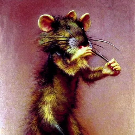 Prompt: a portrait of a furry rat splinter wearing a red kimono, hairy, furry body, furry arms, feet, tail. highly detailed painting by gaston bussiere, craig mullins, j. c. leyendecker, furry