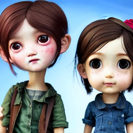 Prompt: Extremely cute and adorable 8k HD key visual of Ellie (The Last of Us) and Marinette Dupain-Cheng posing for the camera doing a v-sign with their fingers, official media, lowbrow painting by Mark Ryden. The art style is quite chibi, with large heads and big wide eyes. 3D render diorama Macro photography