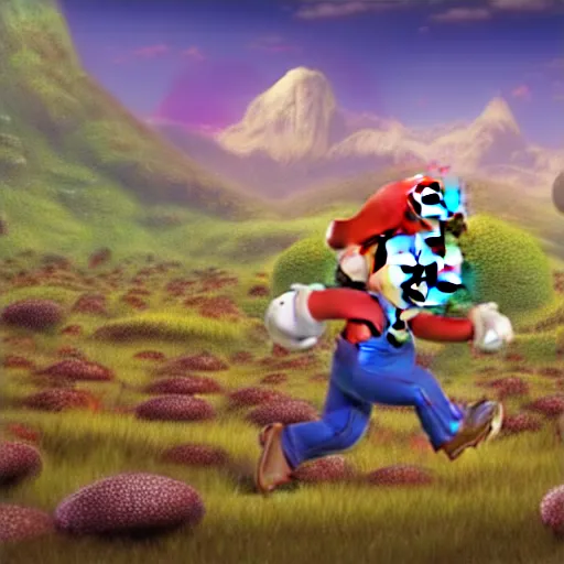 Prompt: Mario running through an alien landscape, looming surreal mountains in background, purple foliage, red grass, hundreds of red and white spotted mushrooms everywhere cinematic lighting, detailed oil painting, 8k