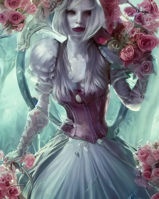 Image similar to Alice in wonderland as Malenia Blade of Miquella, Elden ring aesthetic, blond hair, wearing armor, falling hearts, flowers, artgerm, WLOP, Ross Tran