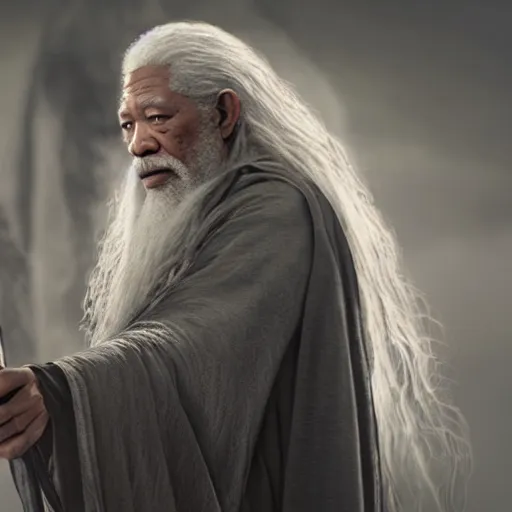 Image similar to morgan freeman starring as gandalf in lord of the rings, realistic extremely detailed photo style painting, granular detail, holographic krypton ion, octane render, 4 k, f 3 2, 5 5 mm photography, wide angle