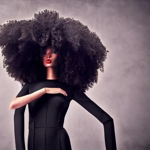 Prompt: close up of a black female fashion model with huge hair in year 3000 in art-deco entrance hall, robot shape black dress, photography , official Vogue editorial , highly detailed
